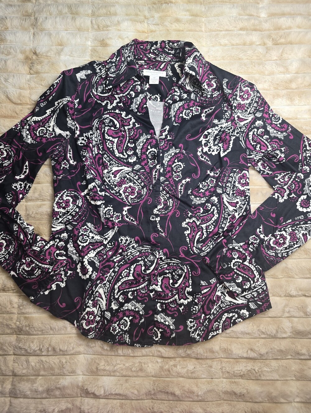 Christopher & Banks Black Paisley Button-Up Blouse with Pink Accents